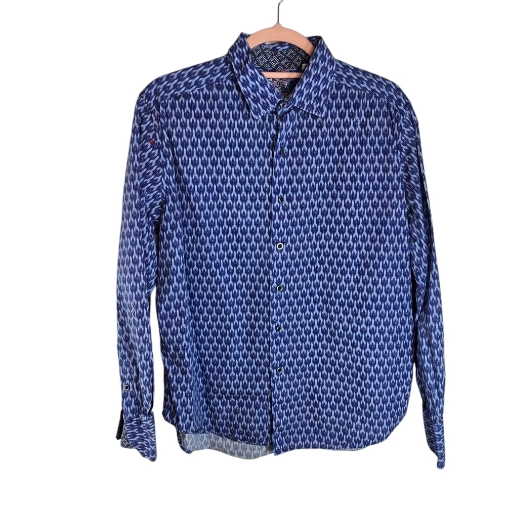 Robert Graham blue ikat geo print flip collar cuff button up shirt